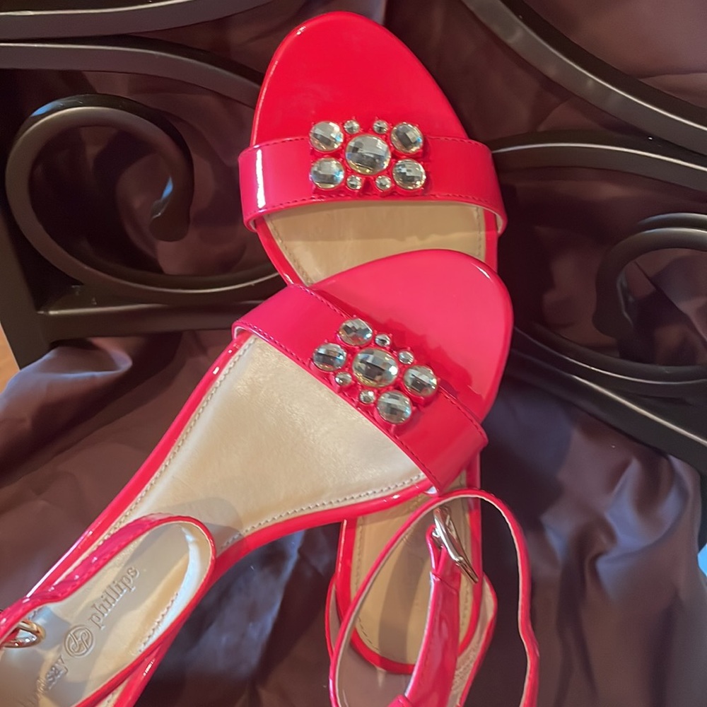 Lindsay Phillips “Mitzi” snap platform wedge sandals sz7 coral w/1 set snaps - Picture 2 of 8